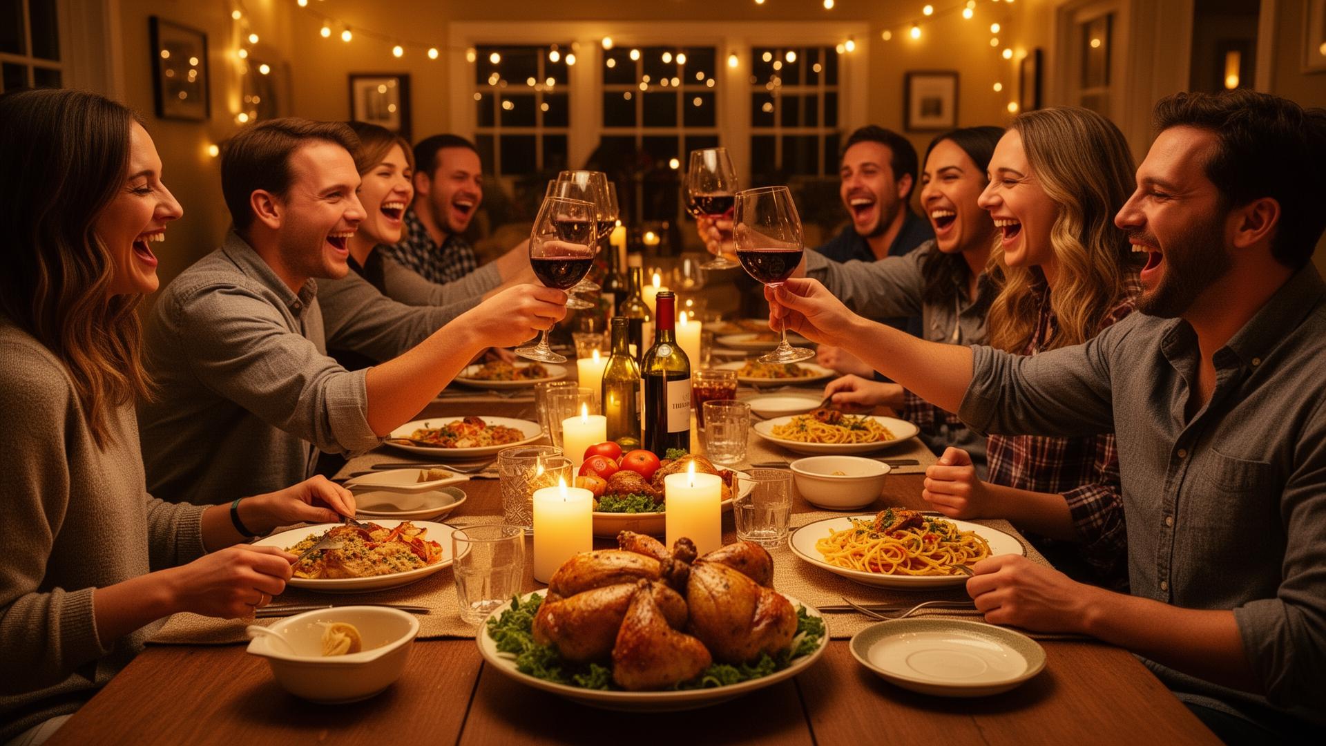 Friends around a candlelit dinner table mid-toast, wine glasses raised and laughter all around.